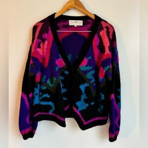 Peruvian Connection handmade Knit Peru Women Medium Cardigan Bright Pink Black